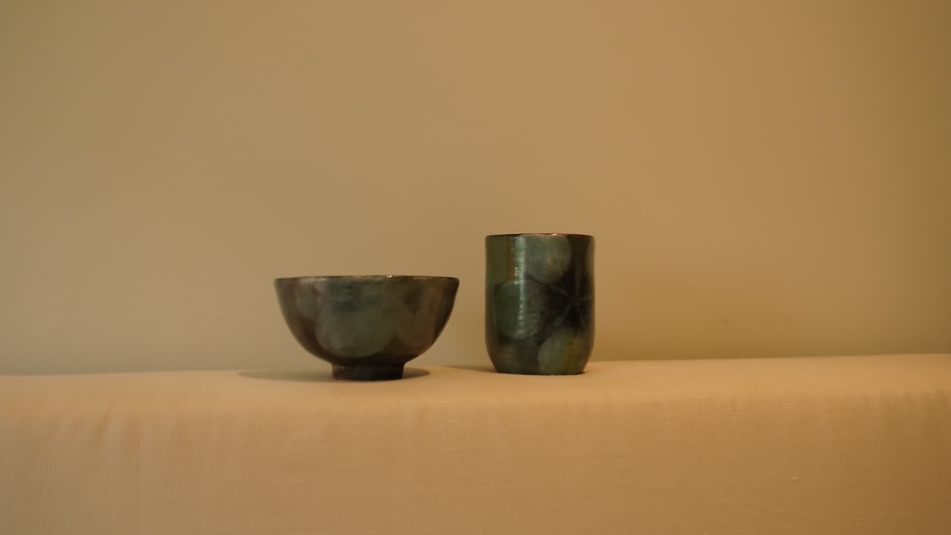 Explored glaze combos (Mayco EL119 Burnished Steel, PC602 White Cascade, EL129 Slate, +2?) · Wheel-thrown Set — Ceramic work by RuiXuan Xu — Club