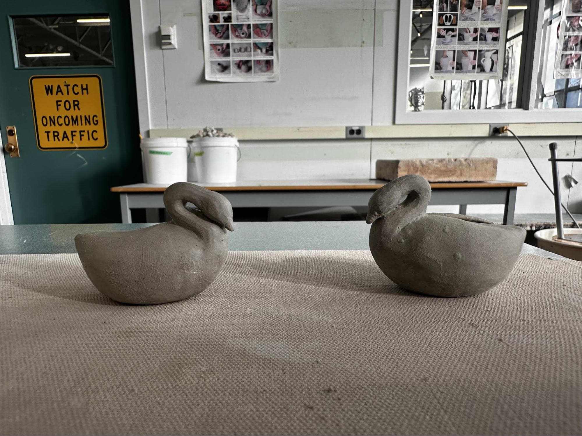 Twin Swans · from sketch to final · Handbuilt (L212) · Underglaze details (Spectrum) — Ceramic work by RuiXuan Xu — School